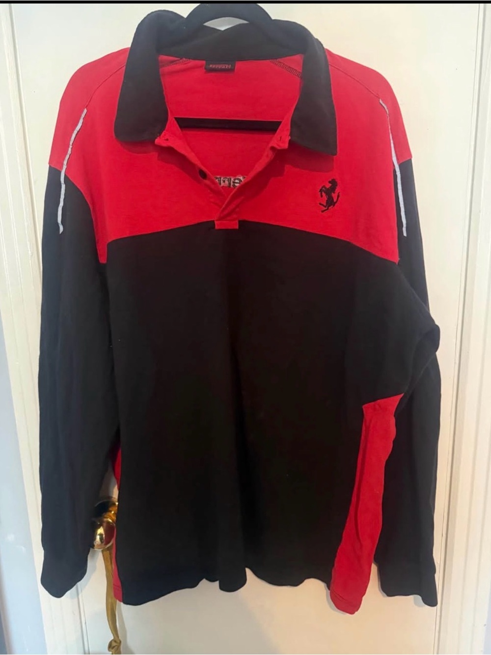 Men's Red and Black Rugby-Style Long Sleeve Sweater Ferrari